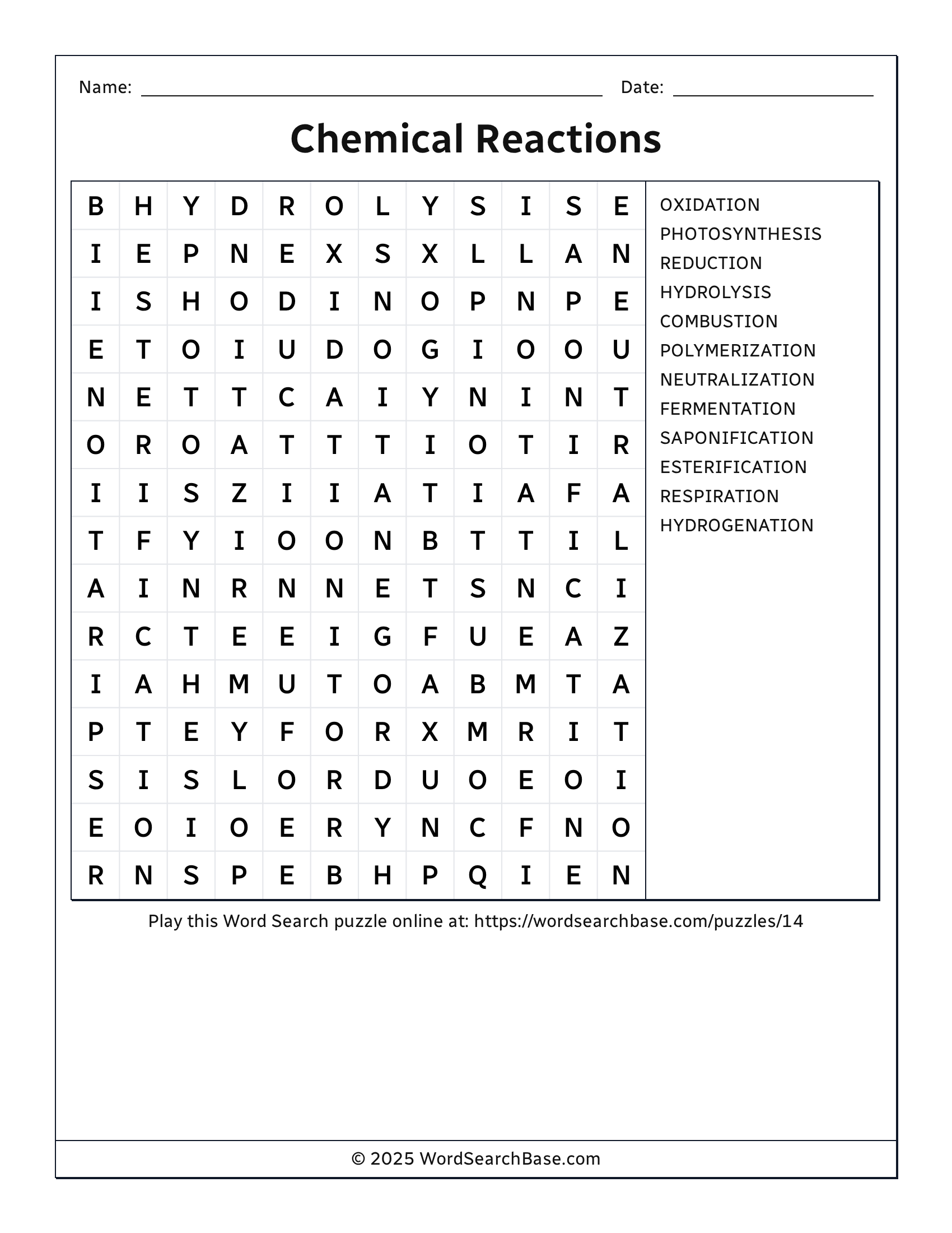 Chemical Reactions Word Search