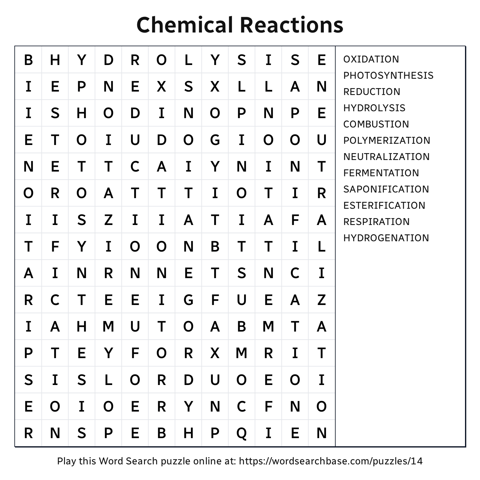 Chemical Reactions Word Search