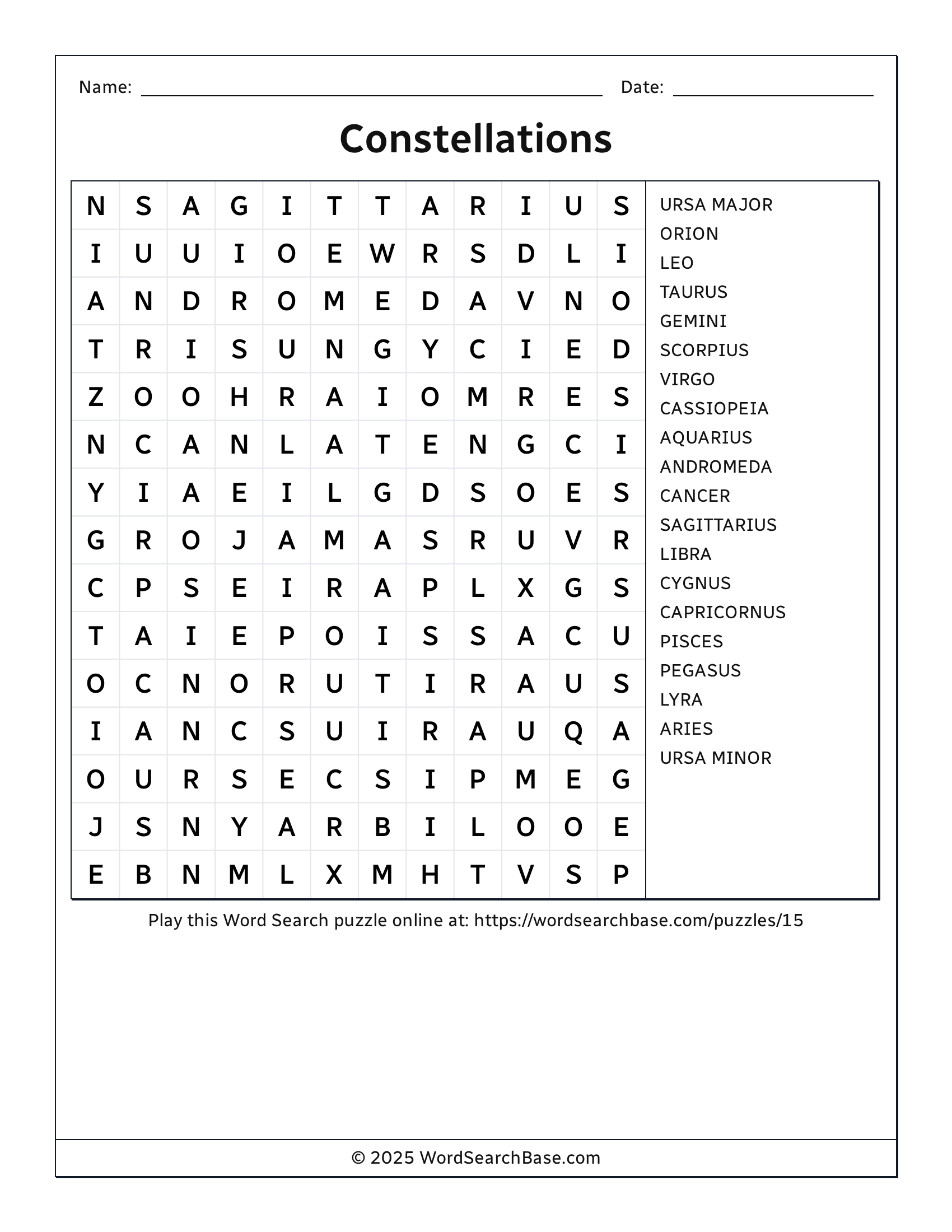 Constellations Word Search