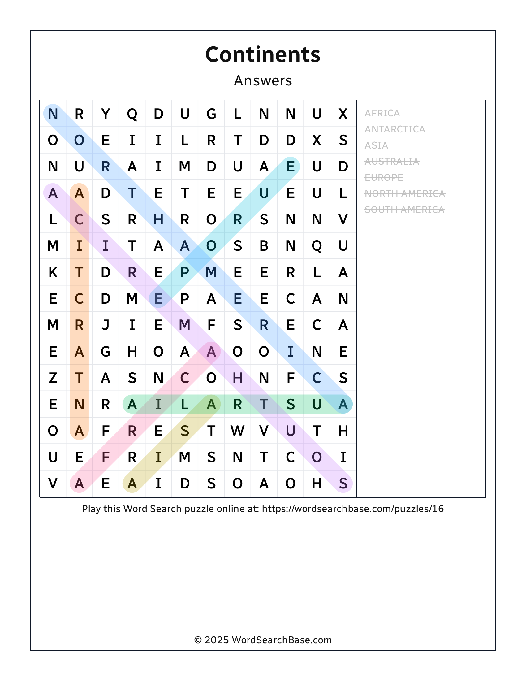 Continents Word Search