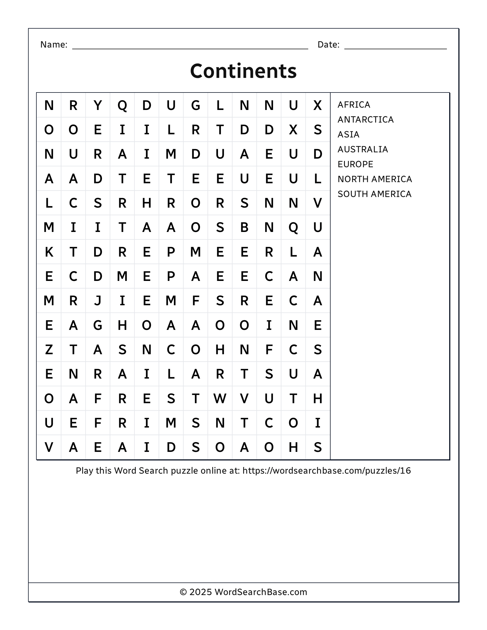 Continents Word Search