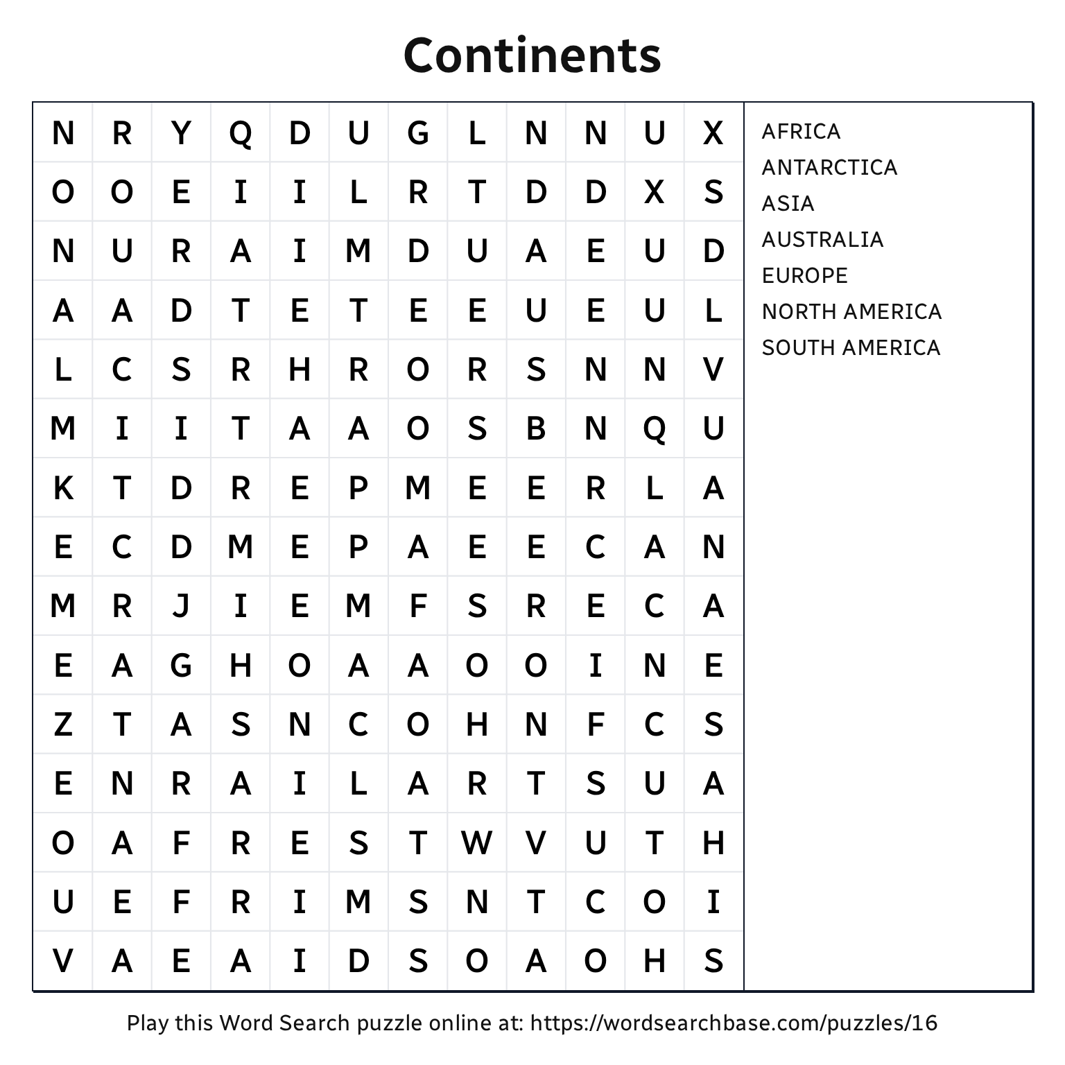 Continents Word Search