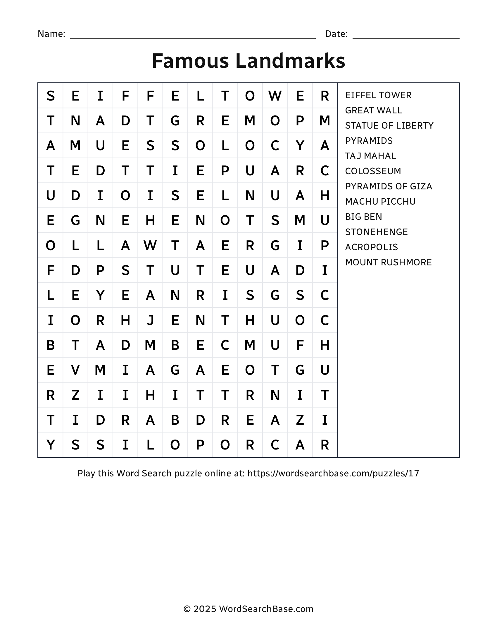 Famous Landmarks Word Search